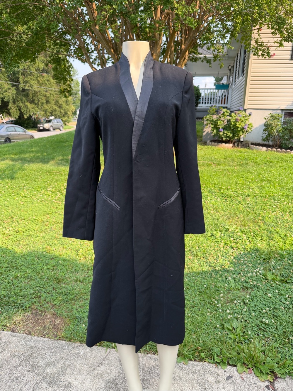 Massini Black Long Trench Coat with Satin Trim